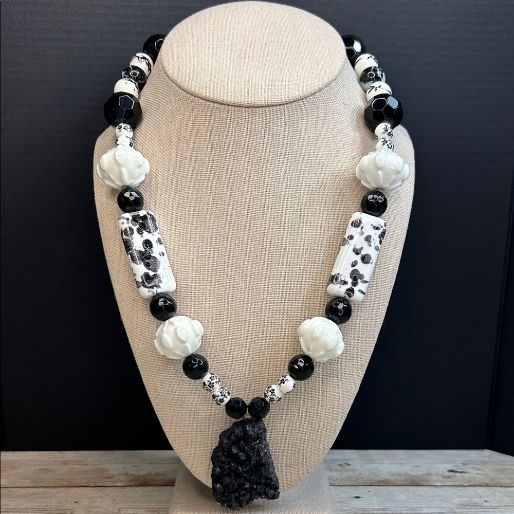 Artisan Black and White Glass, Quartz and Tourmaline Beaded Necklace